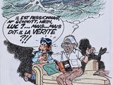 dessin représentant un homme assis sur un canapé en train de parler à une femme et à un chat