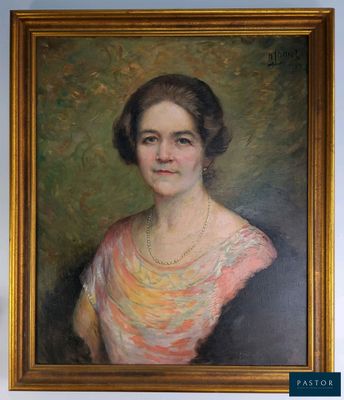 une peinture à l'huile représentant une femme en robe rose, dans un cadre doré