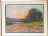 an oil painting of a sunset over a field with trees