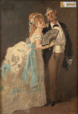 tableau représentant un homme et une femme tenant chacun un éventail à la main