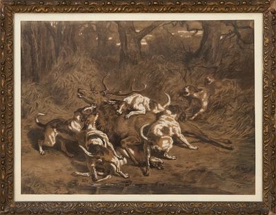 painting of a group of hunting dogs in a wooded area