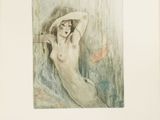 an old book with a drawing of a nude woman laying on a bed