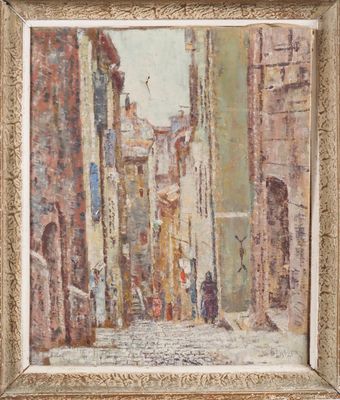 une peinture à l'huile représentant une scène de rue avec une personne marchant dans la rue