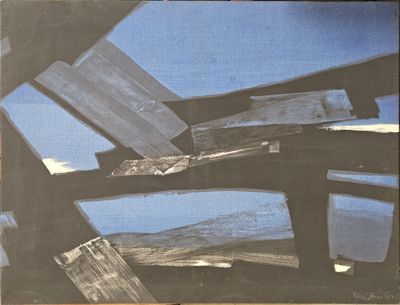 a painting of a wooden structure with a sky in the background