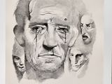drawing of a man ' s face with a bunch of heads in the background