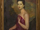 tableau représentant une femme en robe rouge assise devant une montagne