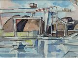 a watercolor painting of a boat docked at a dock