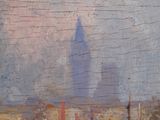 a painting of a city with a clock tower in the background