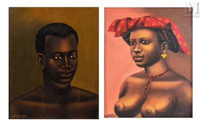 two paintings of a woman and a man with a red head scarf