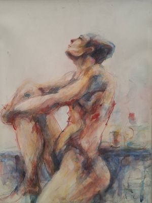 an image of a painting of a nude woman sitting on a ledge