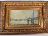 une peinture à l'huile représentant un paysage urbain avec un pont au premier plan