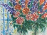 a painting of flowers in a vase next to a bowl of fruit