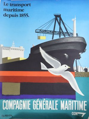 a poster with a bird flying over a boat
