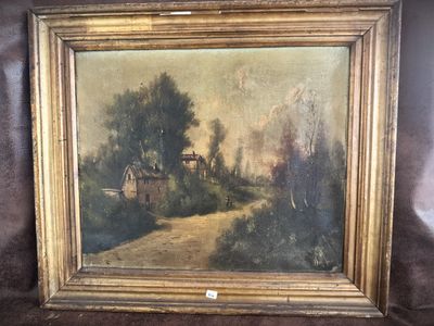 an oil painting of a country road with a house in the distance