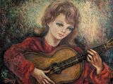 tableau représentant une femme en robe rouge avec une guitare