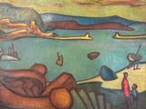 a painting of a painting of people on a beach