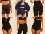 plusieurs photos d'une femme portant un haut de sport noir et un short noir