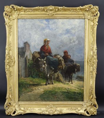 une peinture à l'huile représentant un homme chevauchant un âne sur lequel sont assises deux femmes