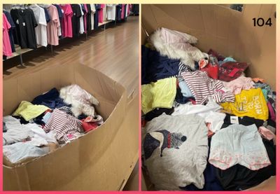 two pictures of a dog in a box with clothes
