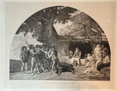 une image représentant un dessin d'un groupe de personnes devant une hutte