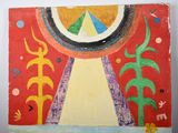 an image of a painting on a red background with a sun in the middle of it
