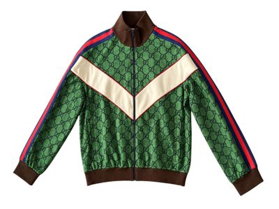 a green jacket with red, white, and blue stripes