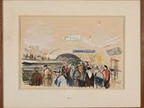 une image représentant un tableau où l'on voit un groupe de personnes attendant dans une gare