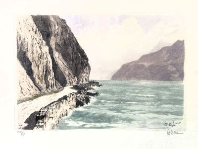 a picture of a painting of a cliff and a body of water