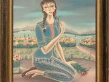 an oil painting of a woman sitting on the ground with a flower in her hand