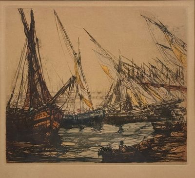 a picture of a painting of ships in the water
