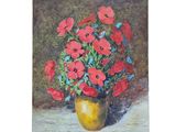 a painting of red flowers in a vase on a table