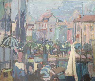 an oil painting of a city street with people sitting at tables