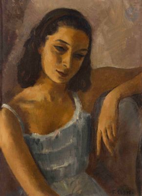 painting of a woman in a blue dress sitting on a couch