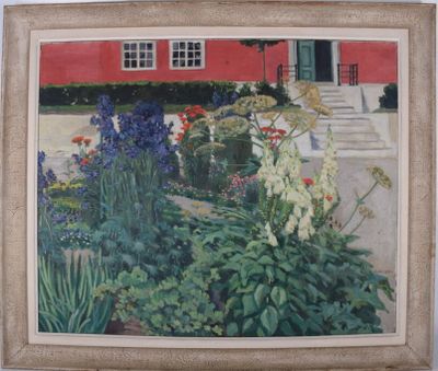 peinture représentant un jardin fleuri avec une maison rouge en arrière-plan