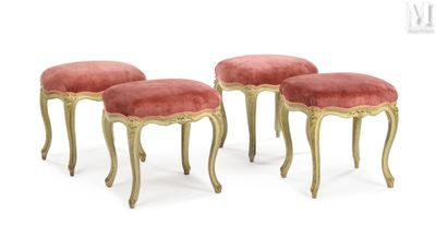 three small stools with gold legs and pink velvet upholstered seats