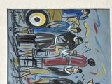 a painting of a group of people standing in front of a car