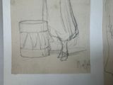 two drawings of a woman standing next to a chair and a table