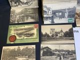 an assortment of old postcards, including a train, a train station, and other postcards
