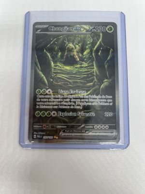 a close up of a card in a plastic case on a table