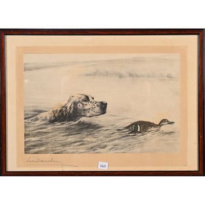 tableau représentant un chien et un canard dans l'eau