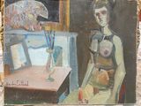 a painting of a woman sitting in front of a painting