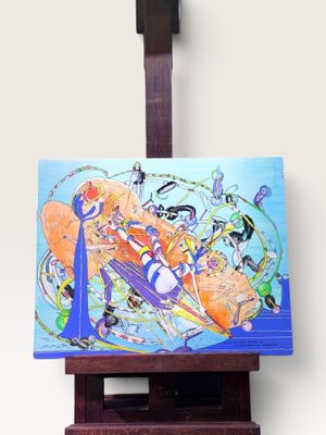 un tableau posé sur un chevalet en bois, sur lequel est représenté un groupe de personnes