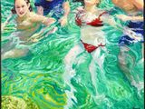 painting of a group of people swimming in a pool of water