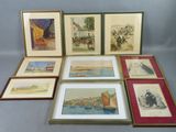 six framed and unframed watercolor paintings of people and boats