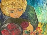 a painting of a boy holding a bowl of apples