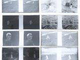 several black and white photographs of people on a beach with surfboards