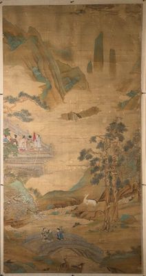 painting on the wall of a room with a painting of people and animals