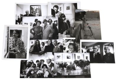 several black and white photographs of people and flowers in a room