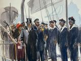 a painting of a group of men standing on a boat