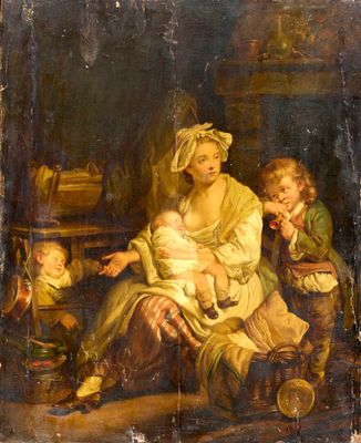 an old painting of a woman holding a baby and two children